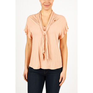 Lauren Ralph Lauren Womens Pink Flutter Sleeve Tie Neck Top Size L